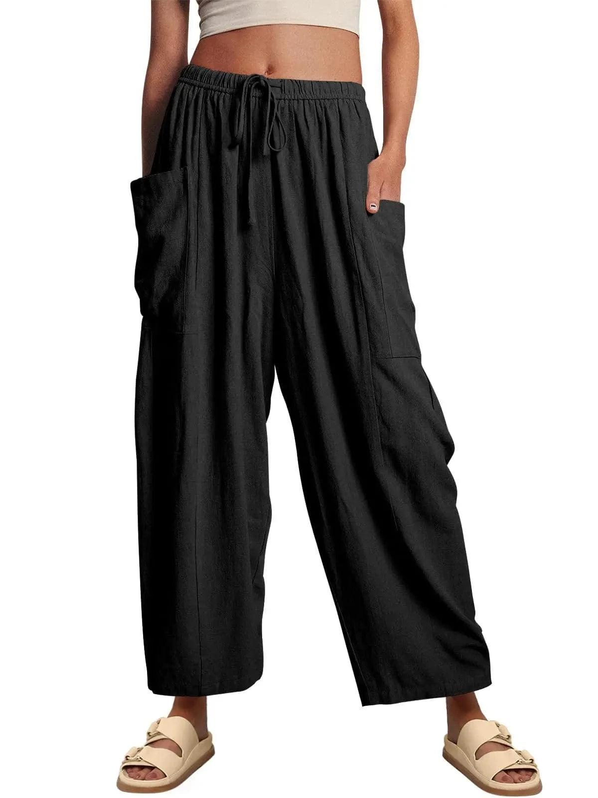 Loose Wide Leg Pants Women's Clothing Elastic Waist Pleated High Waist Casual Cotton Linen Solid Color Trousers Pants