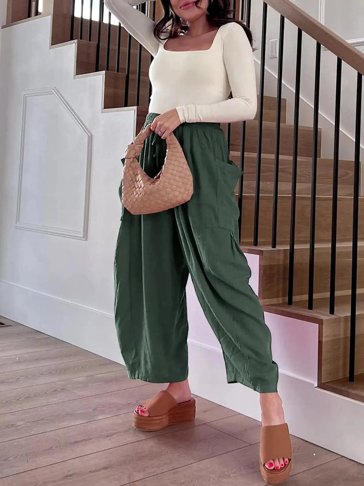 Loose Wide Leg Pants Women's Clothing Elastic Waist Pleated High Waist Casual Cotton Linen Solid Color Trousers Pants