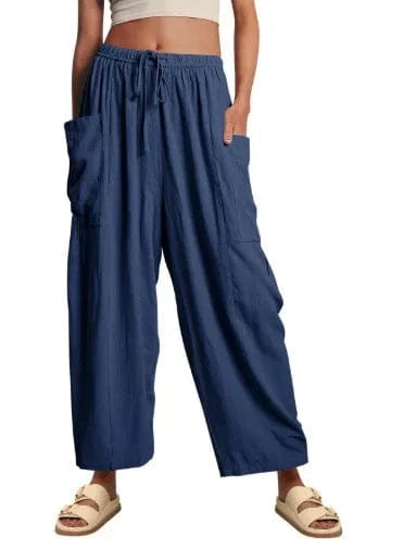 Loose Wide Leg Pants Women's Clothing Elastic Waist Pleated High Waist Casual Cotton Linen Solid Color Trousers Pants