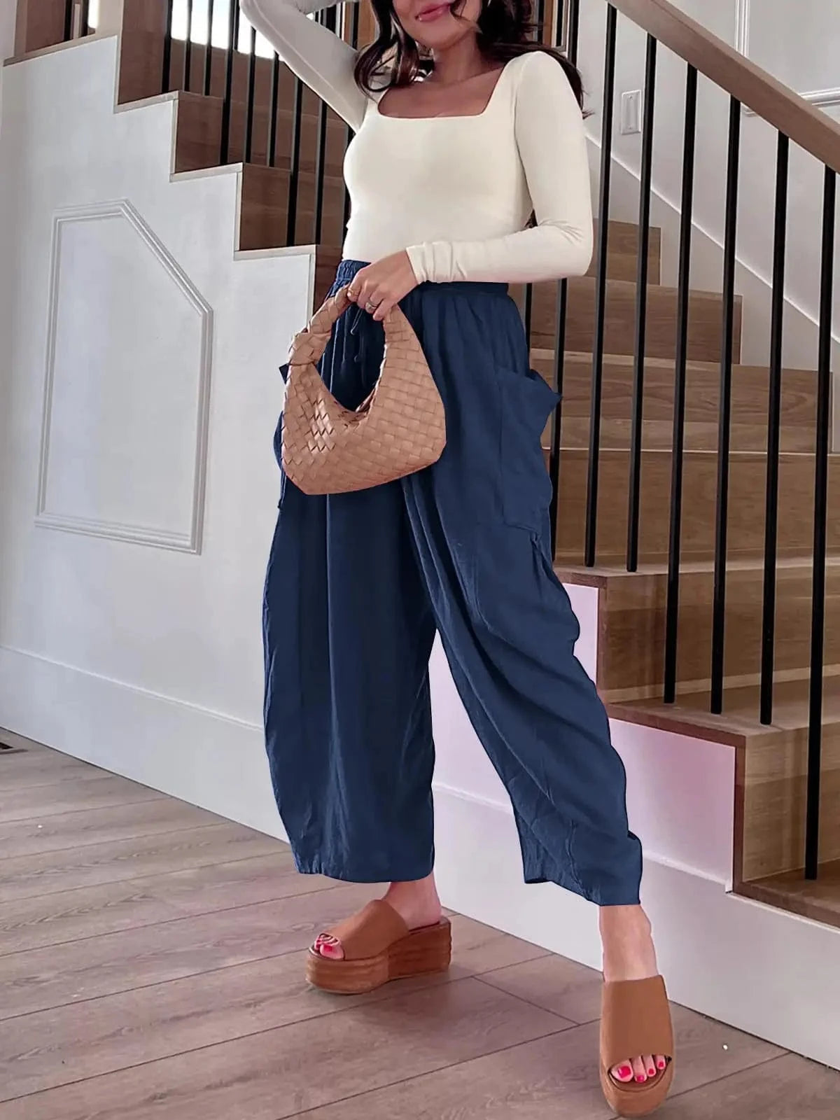 Loose Wide Leg Pants Women's Clothing Elastic Waist Pleated High Waist Casual Cotton Linen Solid Color Trousers Pants