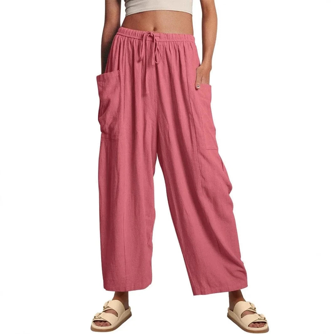 Loose Wide Leg Pants Women's Clothing Elastic Waist Pleated High Waist Casual Cotton Linen Solid Color Trousers Pants