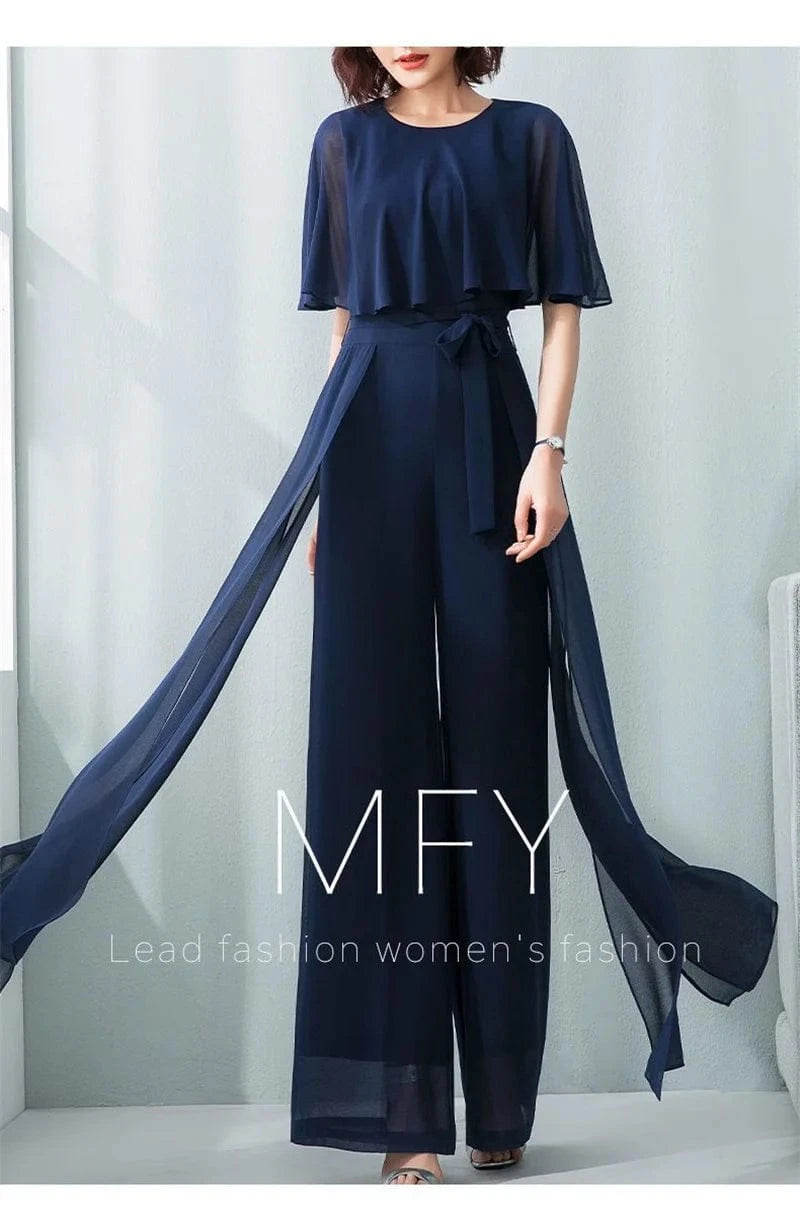 Lotus Leaf Sleeve Jumpsuit Women's Summer Long 2023 New Chiffon Jumpsuit Wide Leg Set Temperament Jumpsuit Female Bodysuit Blue