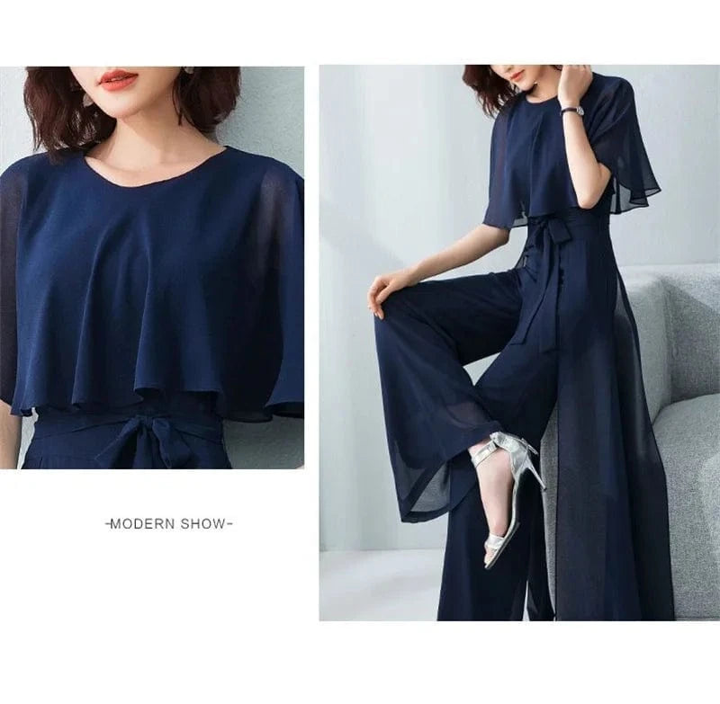 Lotus Leaf Sleeve Jumpsuit Women's Summer Long 2023 New Chiffon Jumpsuit Wide Leg Set Temperament Jumpsuit Female Bodysuit Blue