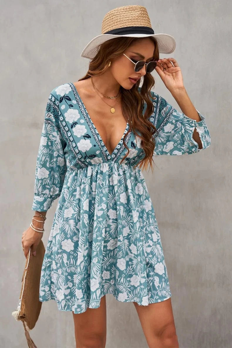Low Moq American Clothing Wholesale Vestido Women Vintage Floral Print V Neck Cut-Out Ruffle Mini Bohemian Boho Dress
