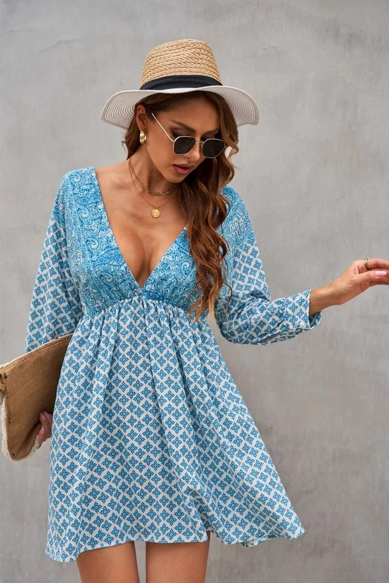 Low Moq American Clothing Wholesale Vestido Women Vintage Floral Print V Neck Cut-Out Ruffle Mini Bohemian Boho Dress