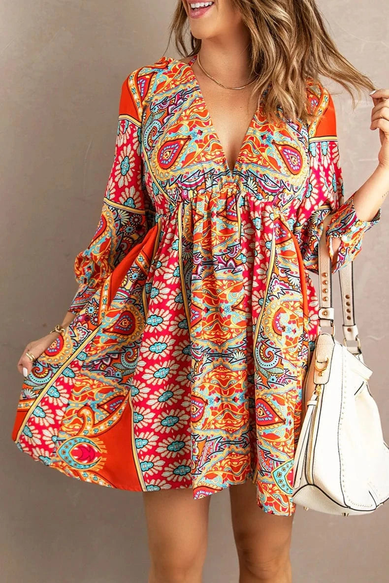 Low Moq American Clothing Wholesale Vestido Women Vintage Floral Print V Neck Cut-Out Ruffle Mini Bohemian Boho Dress