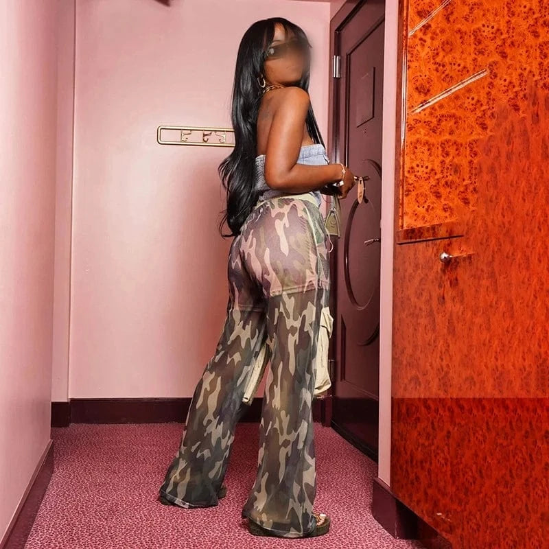 LR05212 2024 New Arrival Fall Camouflage Print Mesh Pants Two Layer Straight Pants Trendy Big Pocket Cargo Pants For Women