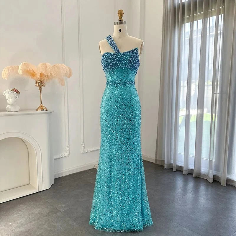 LSCZ113-2 Fashion Ladies Beading Sleeveless Luxury Dress Strapless Blue Sequin Evening Dress