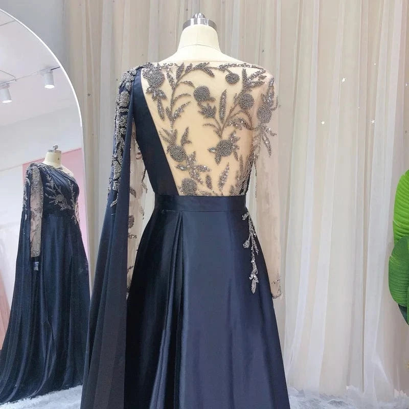 Lscz167 Arabic One Shoulder Olive Green Muslim Evening Dress With Cape Long Sleeves Dubai Women Wedding Party Gowns Elegant Plus