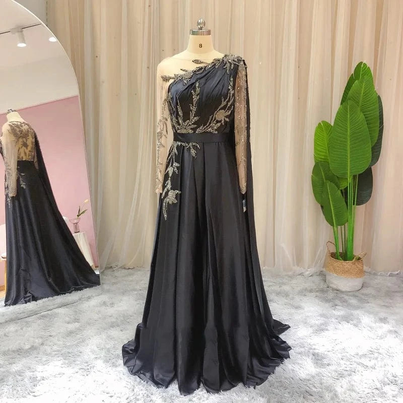 Lscz167 Arabic One Shoulder Olive Green Muslim Evening Dress With Cape Long Sleeves Dubai Women Wedding Party Gowns Elegant Plus