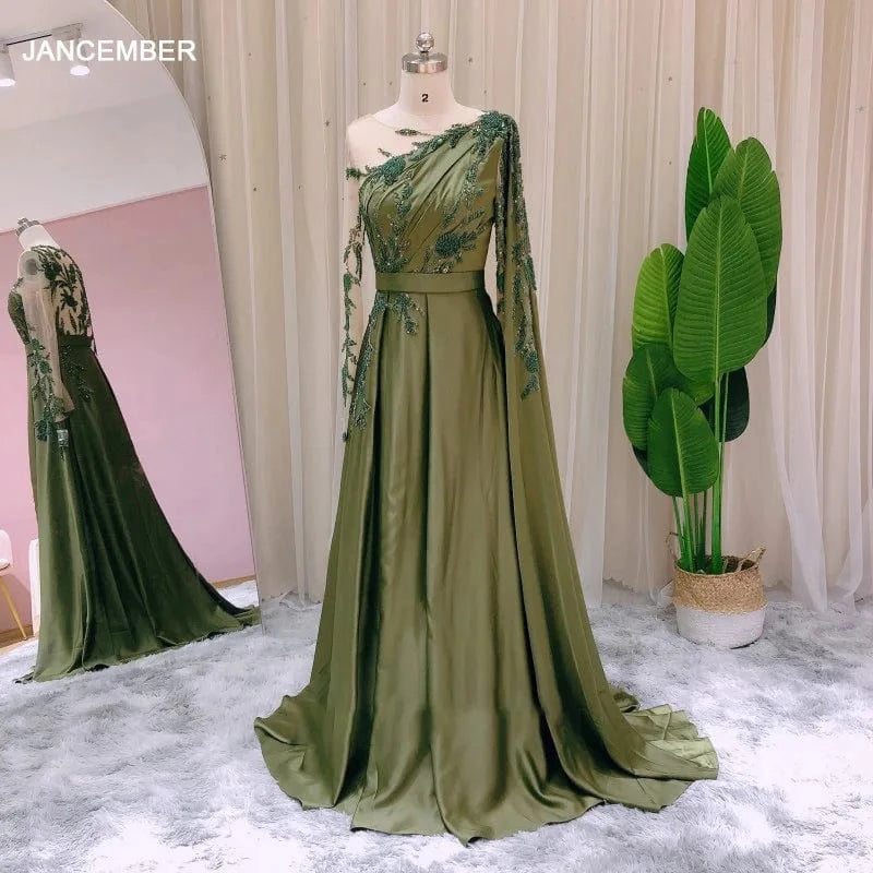 Lscz167 Arabic One Shoulder Olive Green Muslim Evening Dress With Cape Long Sleeves Dubai Women Wedding Party Gowns Elegant Plus