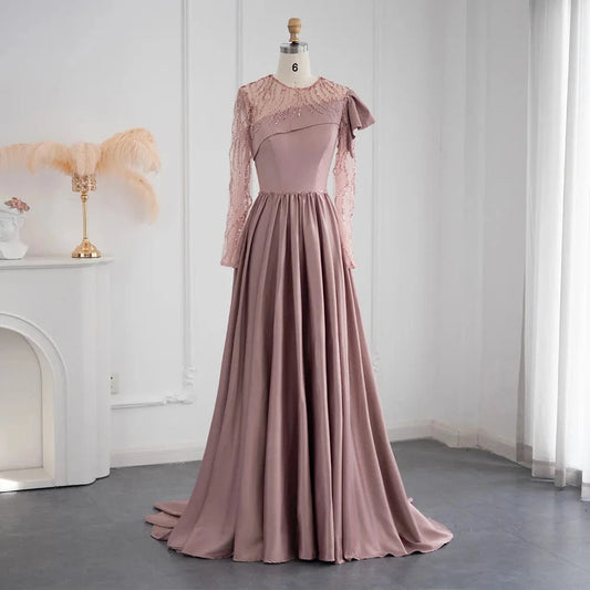 LSCZ177-2 Custom Women Luxury Sexy Round Neck Clothing Pleated Long Formal Evening Dress