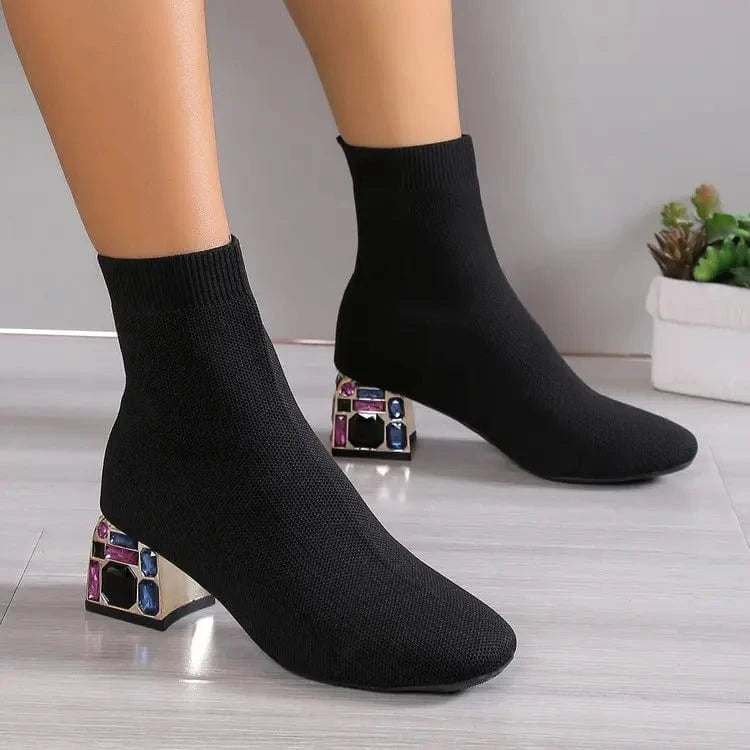 Lug Sole Slip On Chunky Block Heel Knitting Hot pink Black Ankle Classic Boots Women's Platform Chelsea Boots