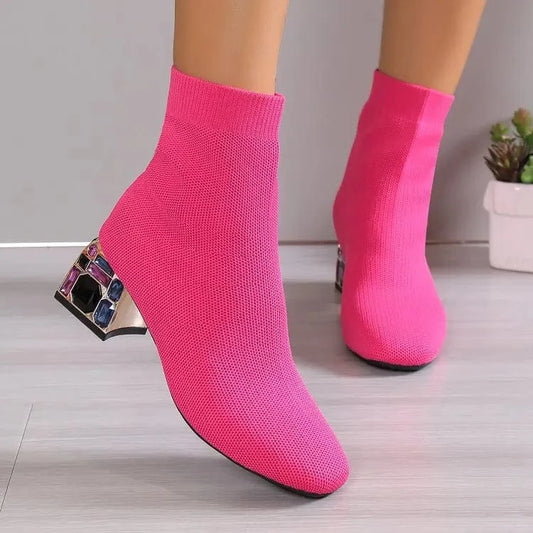 Lug Sole Slip On Chunky Block Heel Knitting Hot pink Black Ankle Classic Boots Women's Platform Chelsea Boots