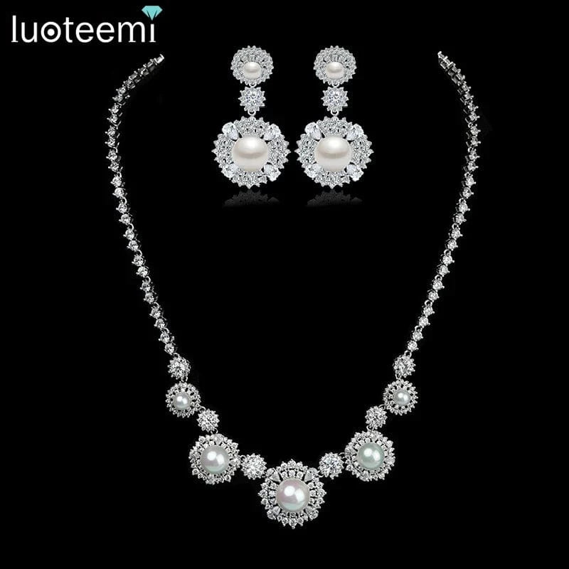 LUOTEEMI New Luxury White Shell Pearl Fancy Bridal Evening Party Wedding Jewelry Sets