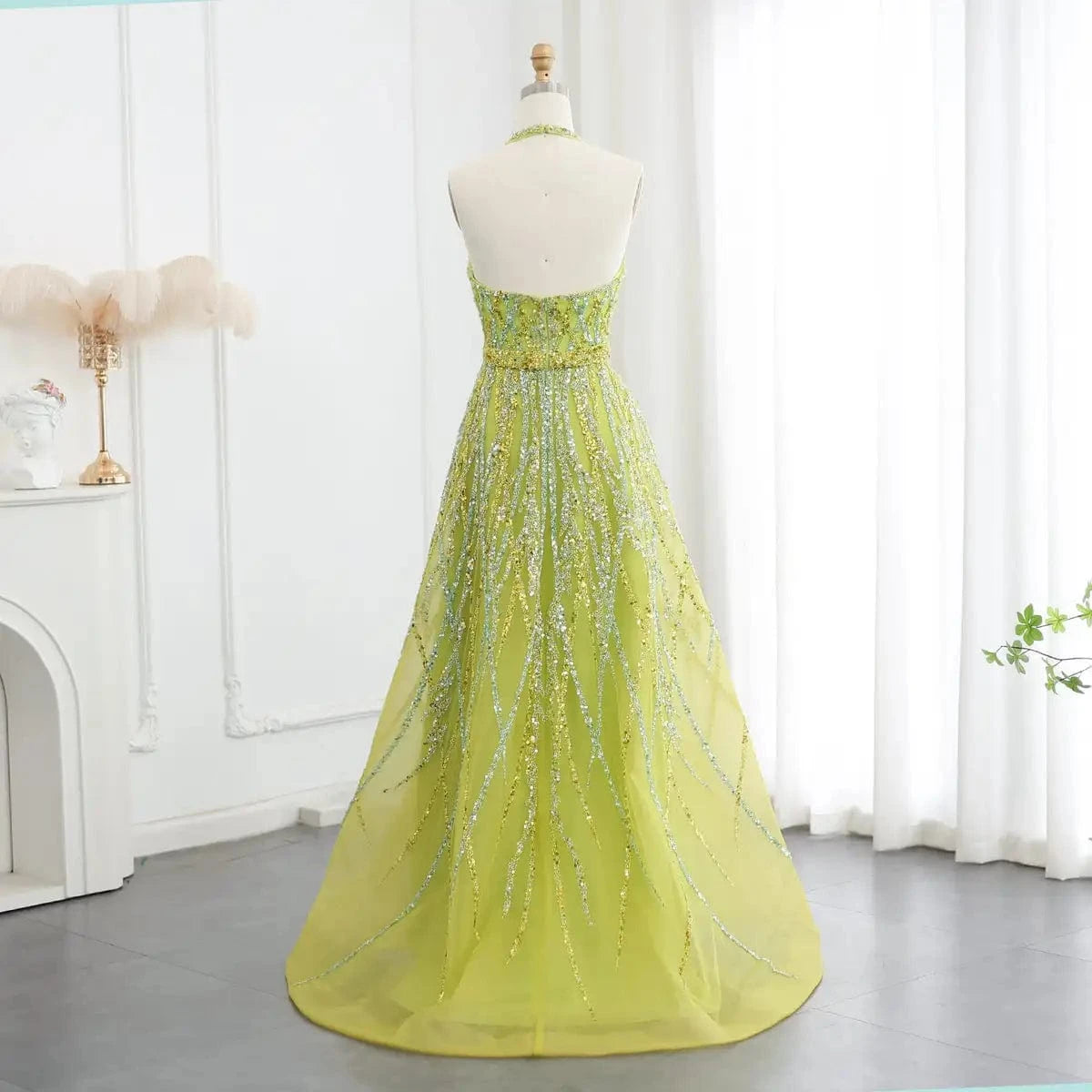 Luxurious Beaded Lemon Green Arabic Evening Dresses With Halter High Low Dubai Women Wedding Party Gowns Lsz472