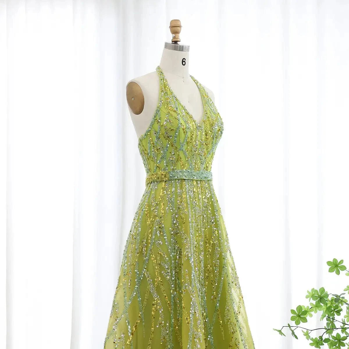 Luxurious Beaded Lemon Green Arabic Evening Dresses With Halter High Low Dubai Women Wedding Party Gowns Lsz472