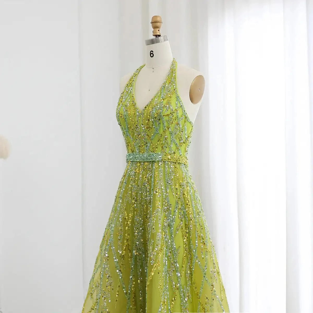 Luxurious Beaded Lemon Green Arabic Evening Dresses With Halter High Low Dubai Women Wedding Party Gowns Lsz472