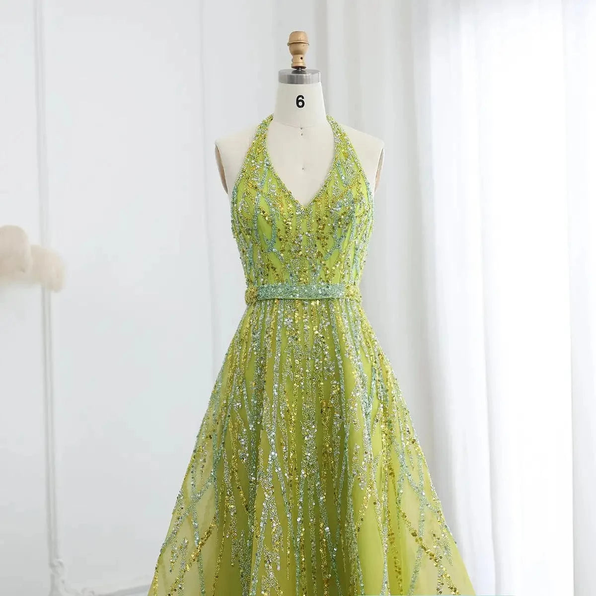 Luxurious Beaded Lemon Green Arabic Evening Dresses With Halter High Low Dubai Women Wedding Party Gowns Lsz472