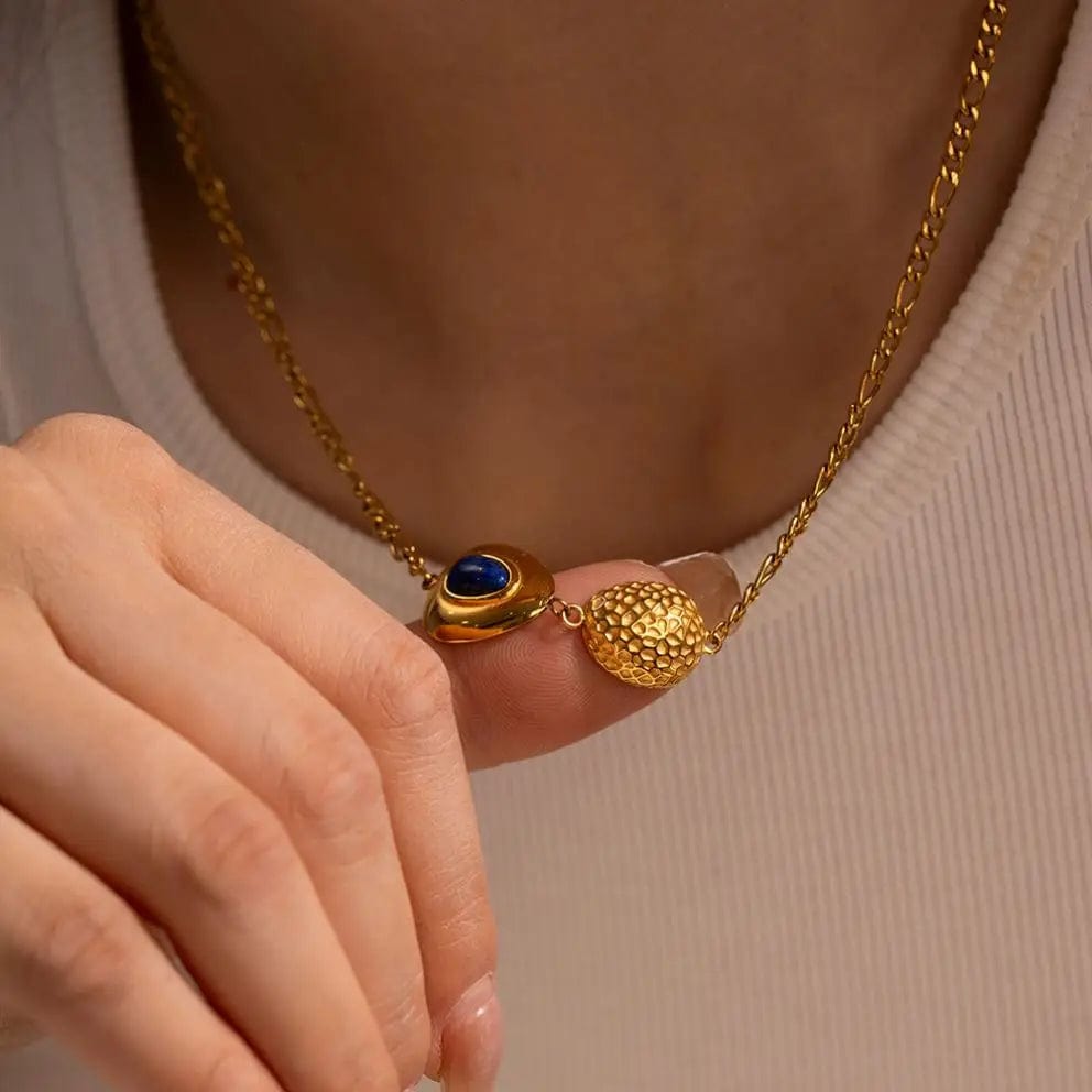 luxury / 45.5cm / N2123 N2123 18K Gold Plated Stainless Steel Design Oval Shape Lapis Stone Hammer Pendant Necklace for Women