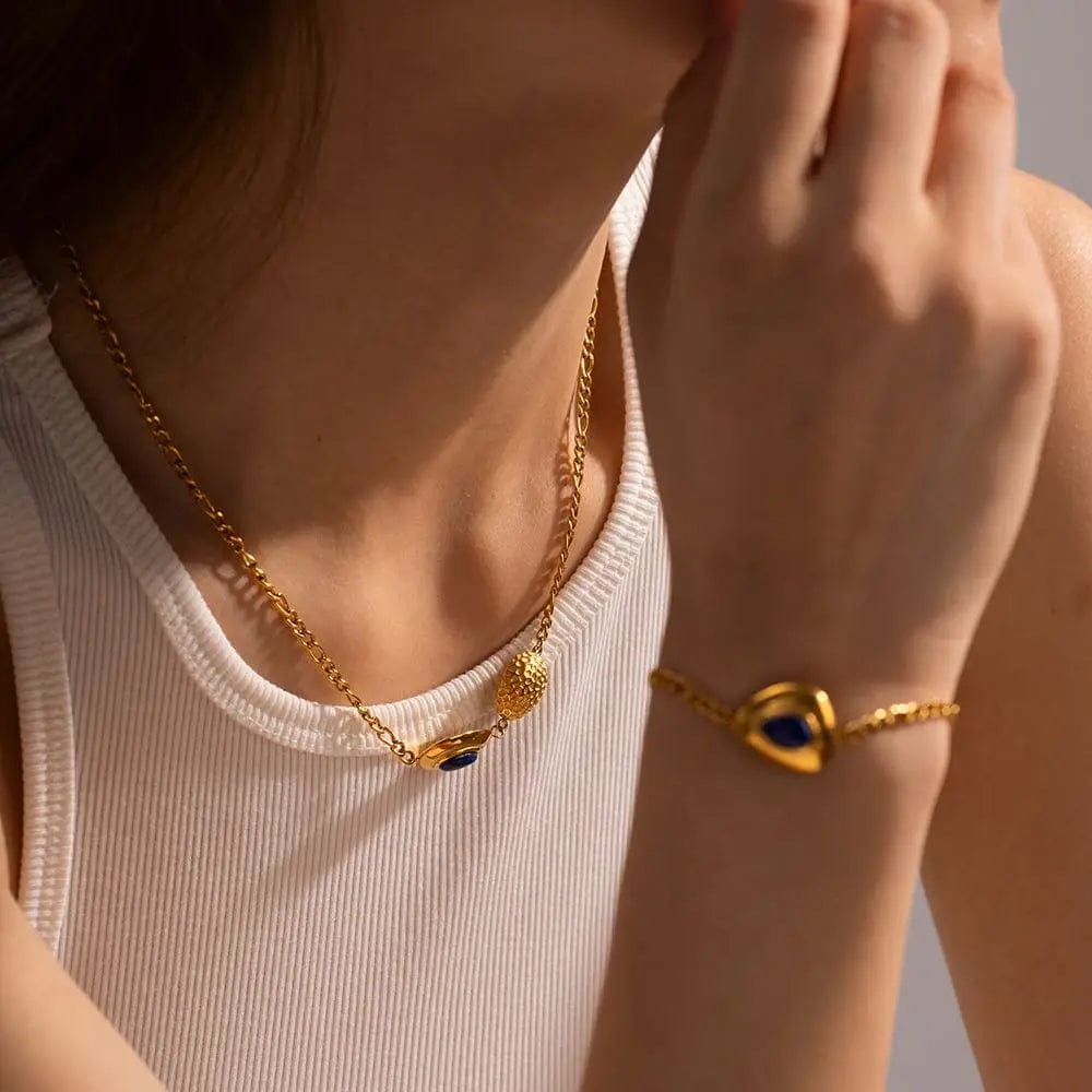 luxury / 45.5cm / N2123 N2123 18K Gold Plated Stainless Steel Design Oval Shape Lapis Stone Hammer Pendant Necklace for Women