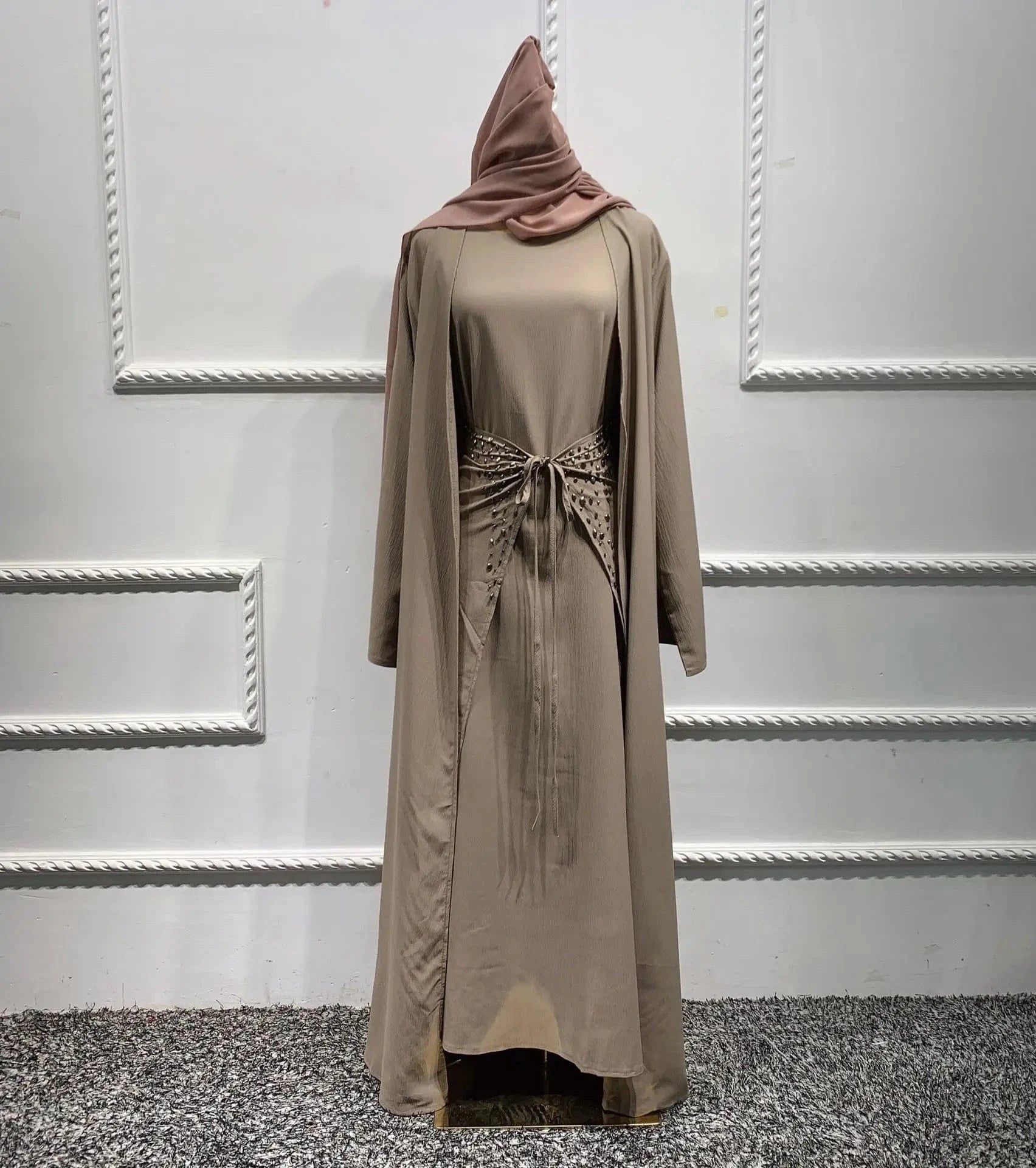 Luxury Bead Embroidery Mesh Abaya  Evening Dresses Dubai Islamic Clothing Muslim Dress