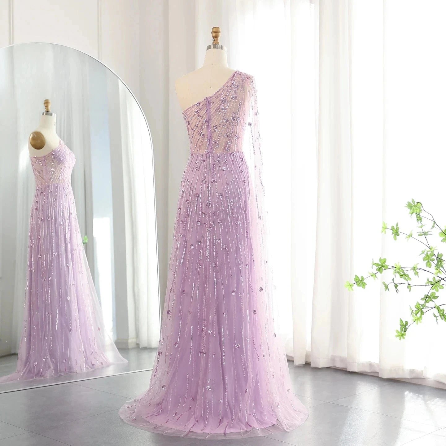 Luxury Beaded Black One Shoulder Evening Dresses with Cape Sleeve Sage Green Lilac Women Wedding Party Gowns SZ182