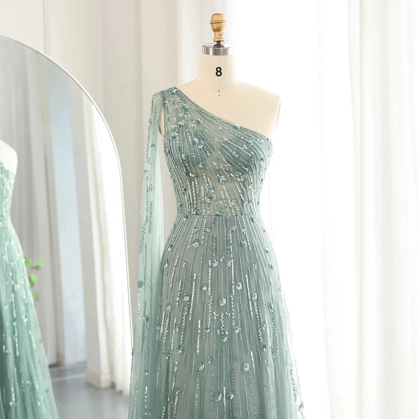 Luxury Beaded Black One Shoulder Evening Dresses with Cape Sleeve Sage Green Lilac Women Wedding Party Gowns SZ182