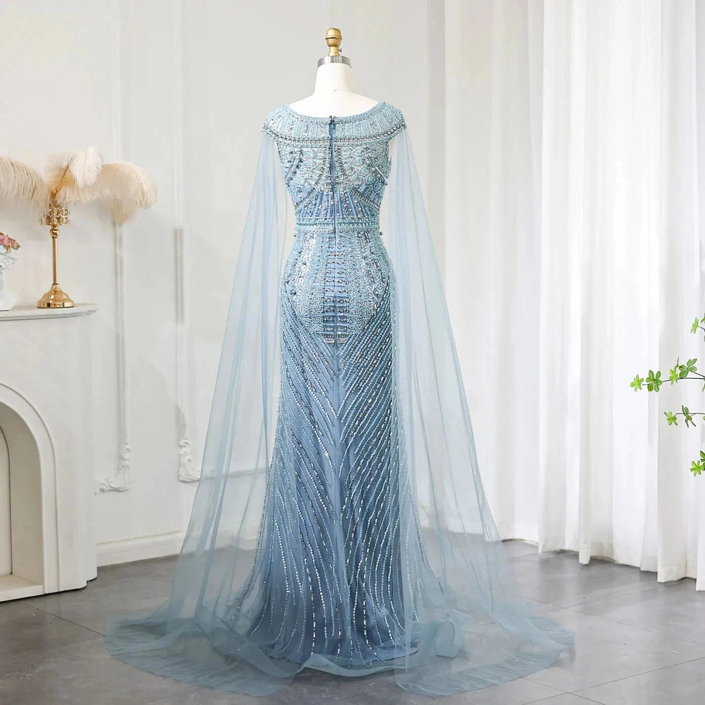 Luxury Beaded Blue Mermaid Dubai Evening Dresses with Cape Sleeves 2024 Plus Size Women Wedding Party Gown SZ195