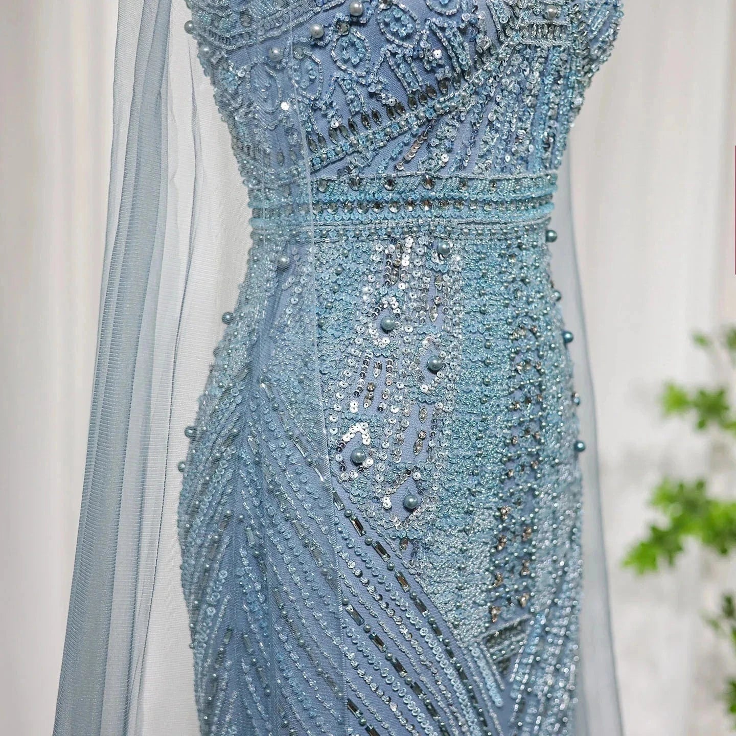 Luxury Beaded Blue Mermaid Dubai Evening Dresses with Cape Sleeves 2024 Plus Size Women Wedding Party Gown SZ195