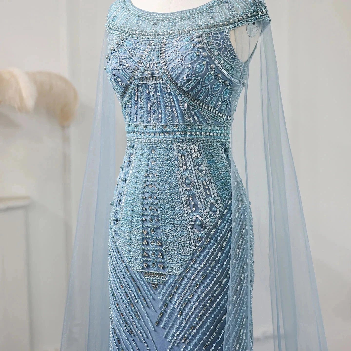 Luxury Beaded Blue Mermaid Dubai Evening Dresses with Cape Sleeves 2024 Plus Size Women Wedding Party Gown SZ195