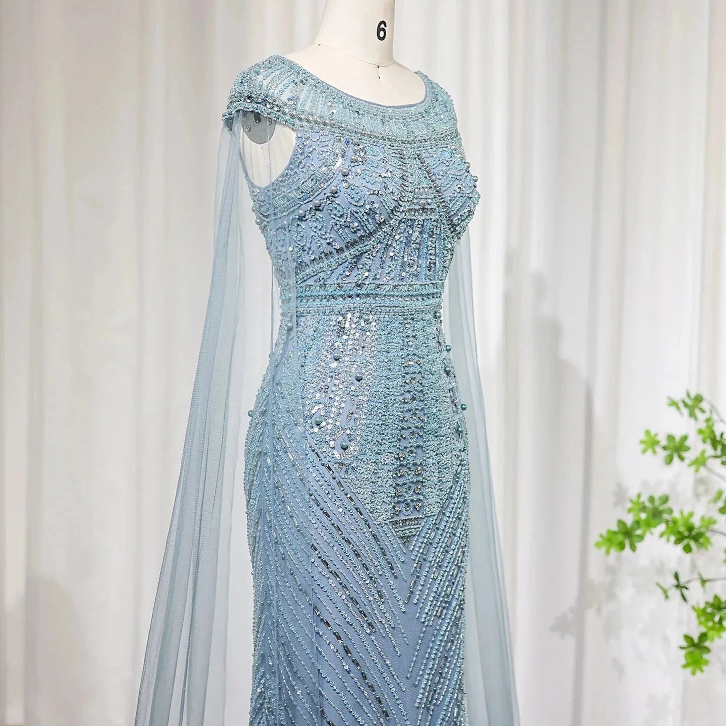 Luxury Beaded Blue Mermaid Dubai Evening Dresses with Cape Sleeves 2024 Plus Size Women Wedding Party Gown SZ195