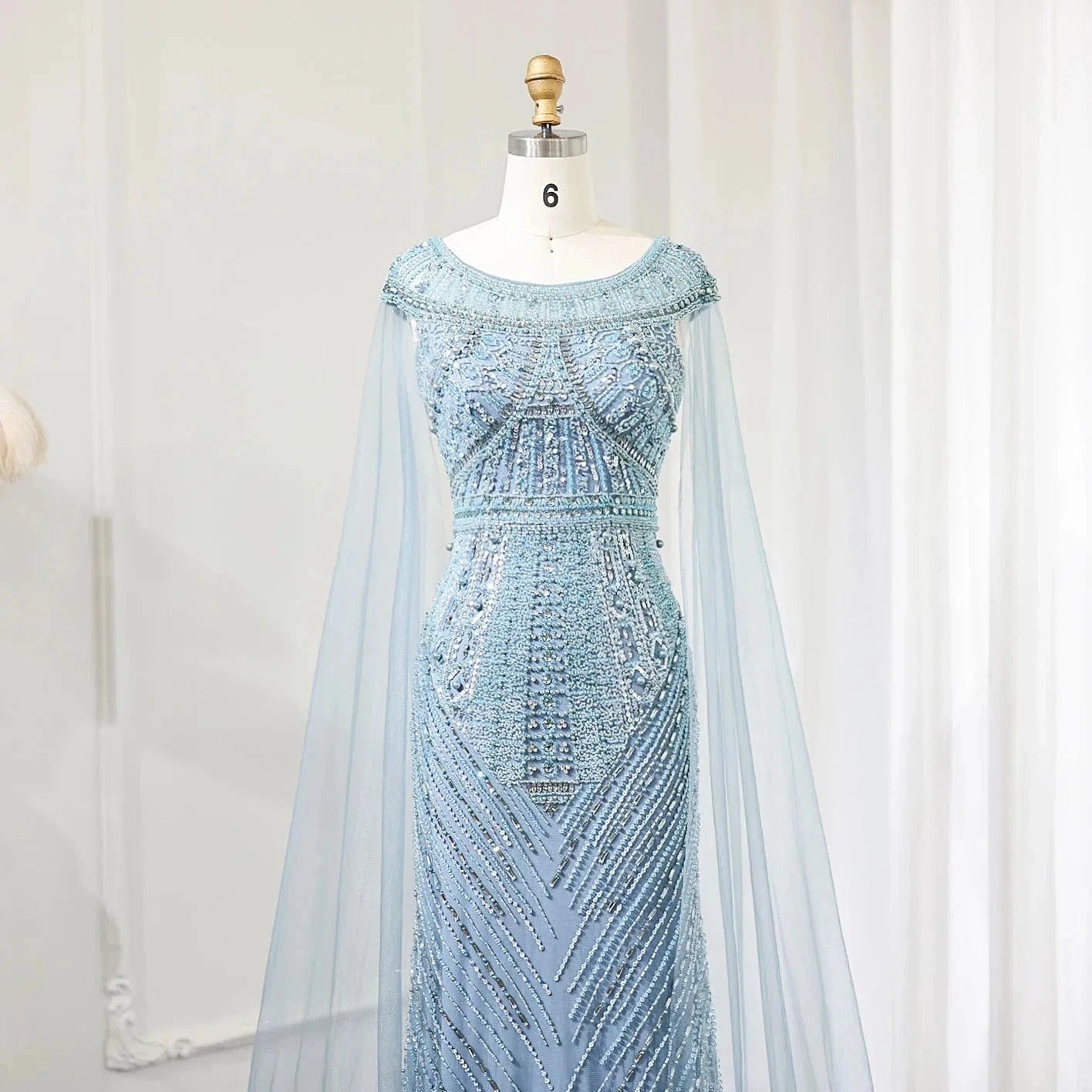 Luxury Beaded Blue Mermaid Dubai Evening Dresses with Cape Sleeves 2024 Plus Size Women Wedding Party Gown SZ195