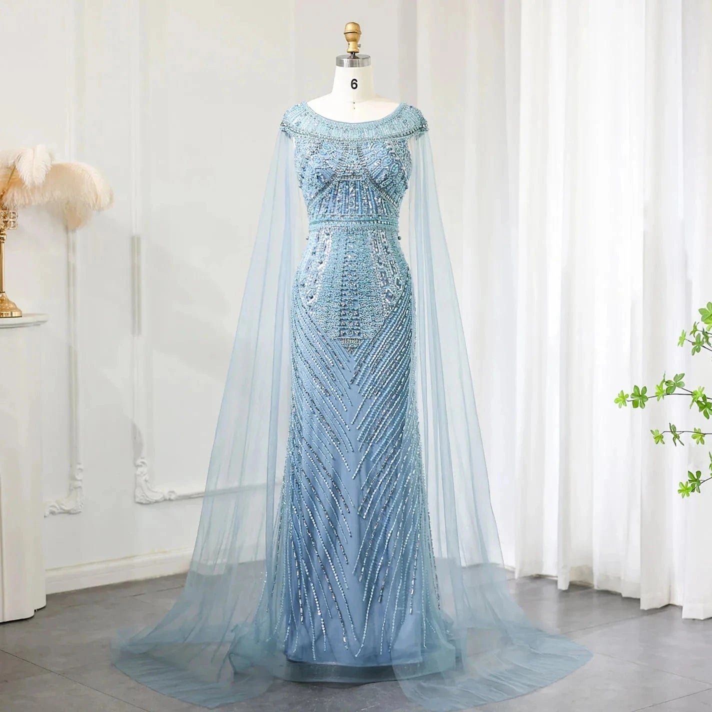 Luxury Beaded Blue Mermaid Dubai Evening Dresses with Cape Sleeves 2024 Plus Size Women Wedding Party Gown SZ195