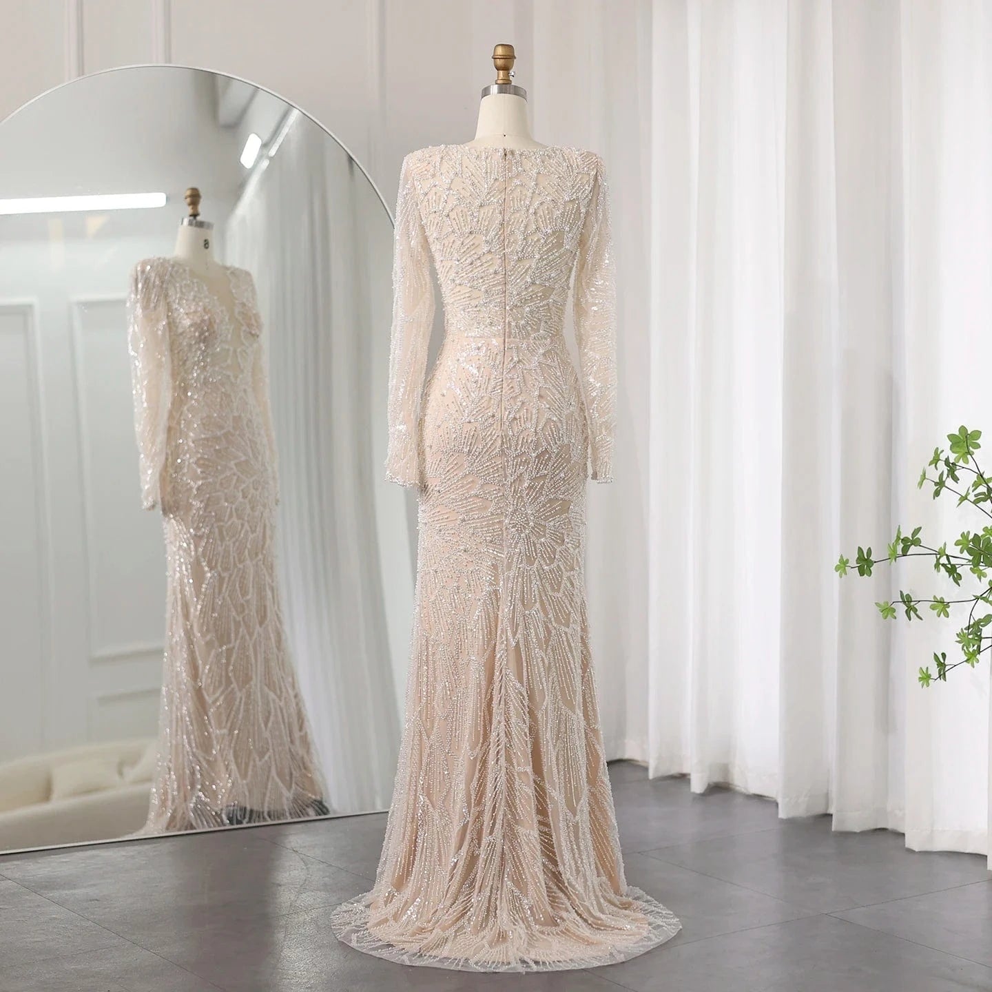 Luxury Beige Mermaid Dubai Evening Dress 2024 For Women Wedding Long Sleeves Arabic Bridal Prom Party Gowns Sz459