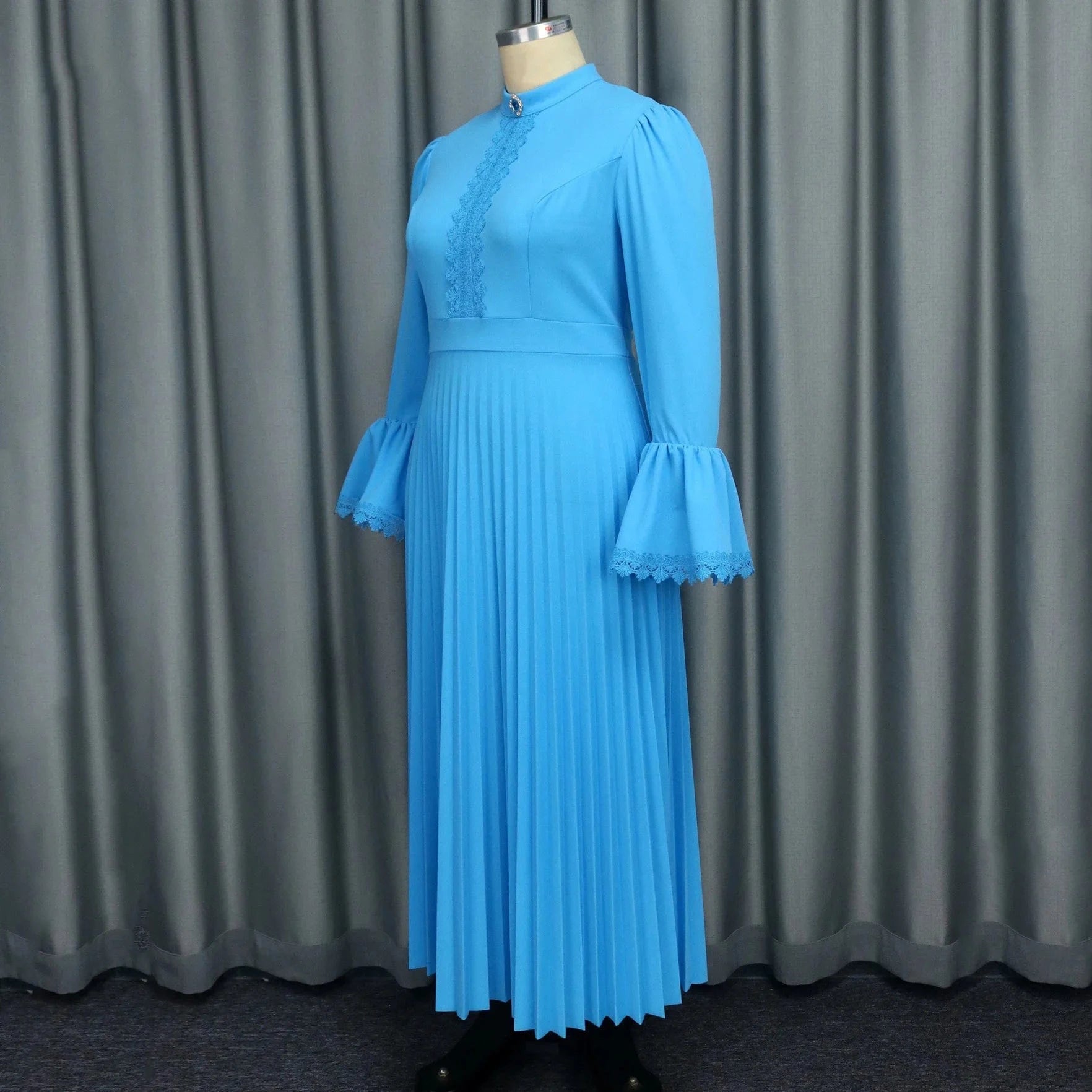 Luxury Blue Dresses for Woman Pleated Flare Sleeve Lace Patchwork Ankle Length Elegant High Quality Female Birthday Party Dress