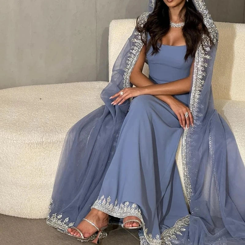 Luxury Crystal Blue Mermaid Dubai Evening Dresses with Cape Sleeves Elegant Arabic Women Wedding Party Gowns SZ445