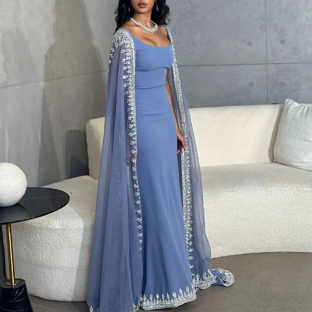 Luxury Crystal Blue Mermaid Dubai Evening Dresses with Cape Sleeves Elegant Arabic Women Wedding Party Gowns SZ445