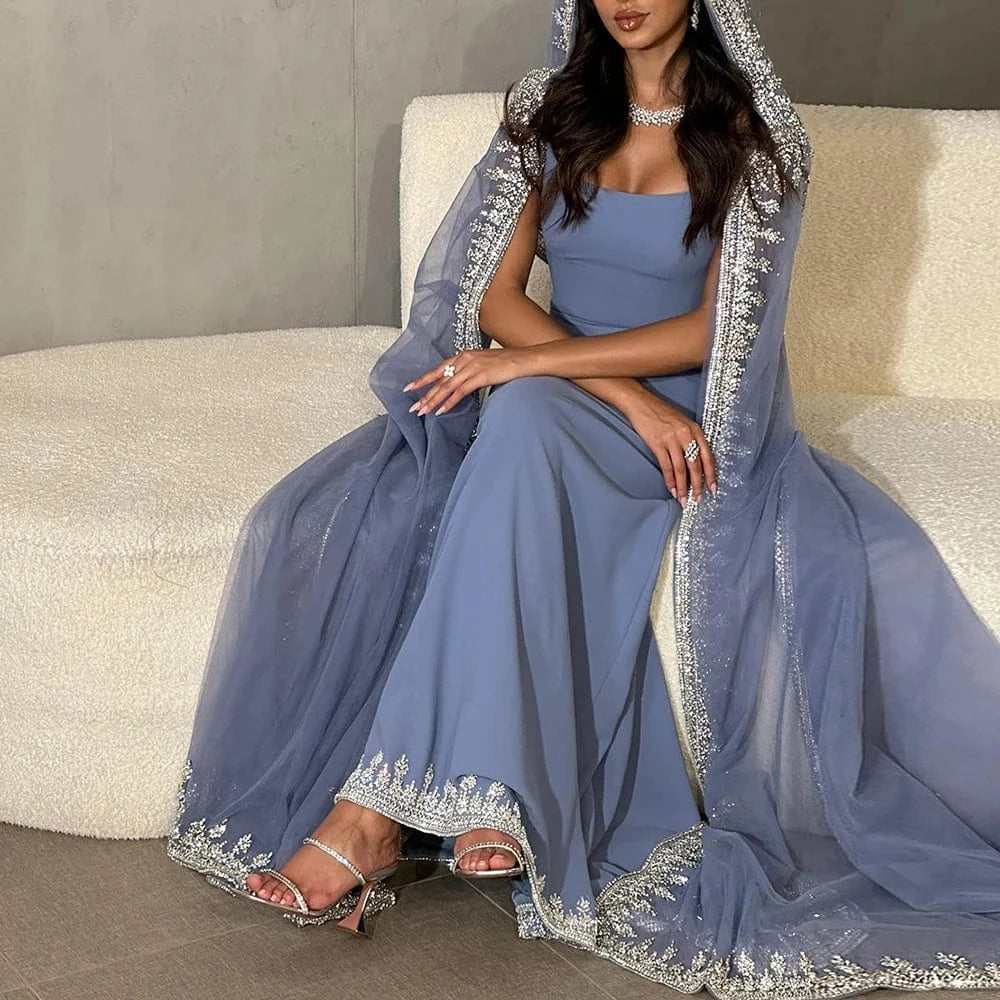 Luxury Crystal Blue Mermaid Dubai Evening Dresses with Cape Sleeves Elegant Arabic Women Wedding Party Gowns SZ445
