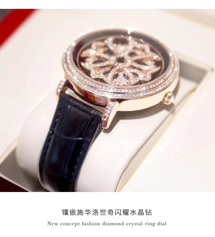 Luxury Davena Spin Snow Flower Women's Watch Japan Mov't Crystal Lady Hours Fine Fashion Real Leather Bracelet Girl's Gift Box