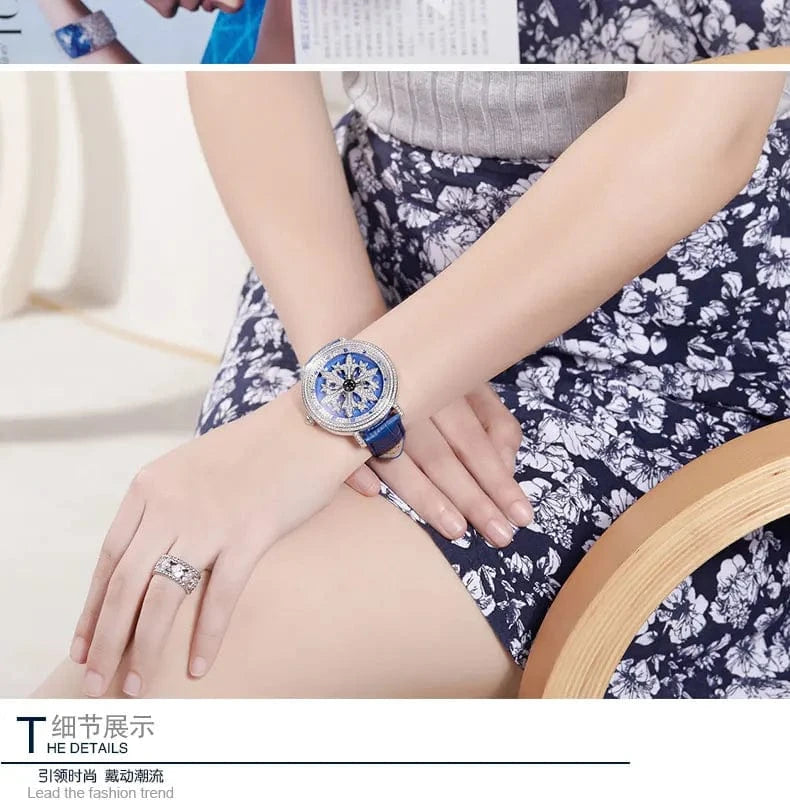 Luxury Davena Spin Snow Flower Women's Watch Japan Mov't Crystal Lady Hours Fine Fashion Real Leather Bracelet Girl's Gift Box