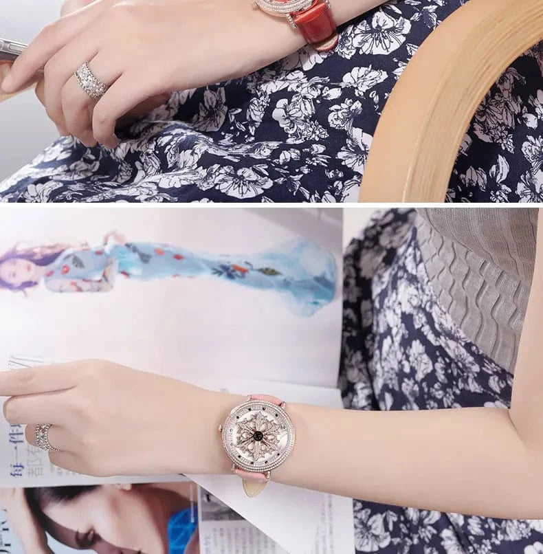 Luxury Davena Spin Snow Flower Women's Watch Japan Mov't Crystal Lady Hours Fine Fashion Real Leather Bracelet Girl's Gift Box