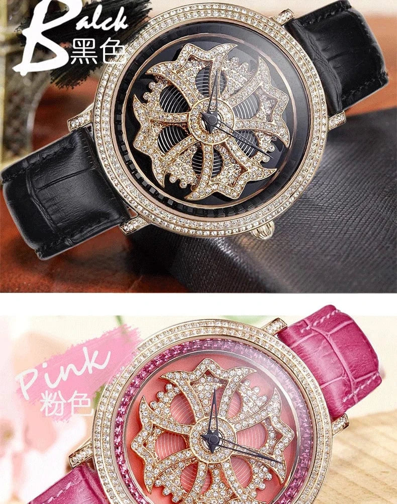 Luxury Davena Spin Snow Flower Women's Watch Japan Mov't Crystal Lady Hours Fine Fashion Real Leather Bracelet Girl's Gift Box