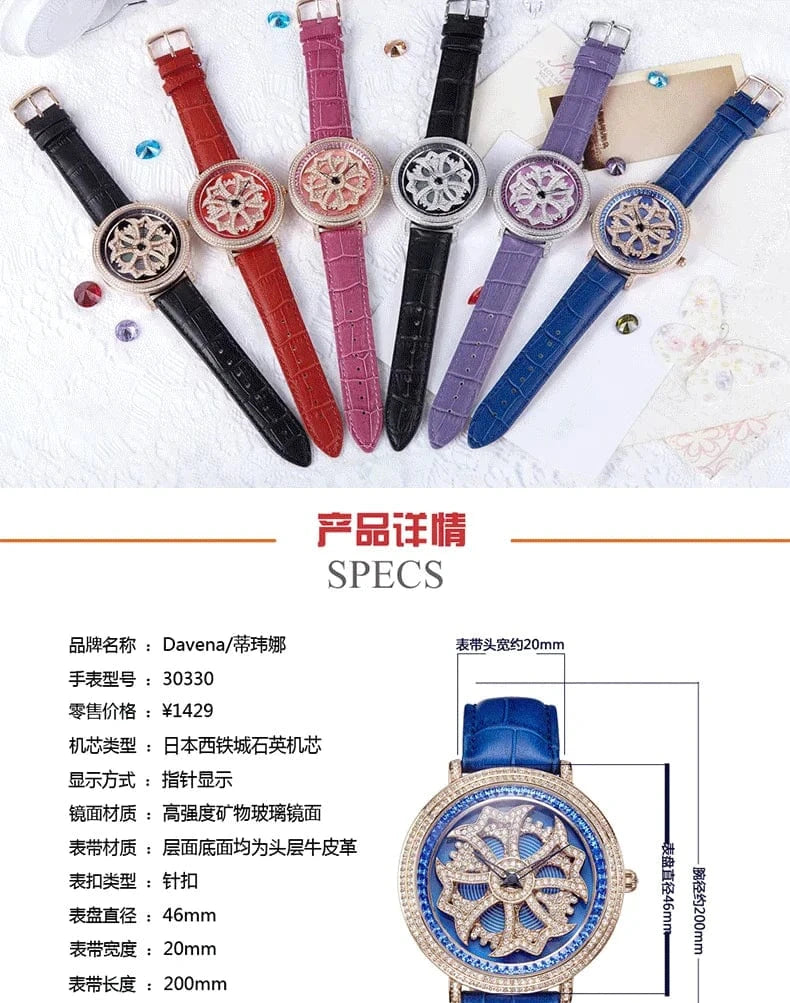 Luxury Davena Spin Snow Flower Women's Watch Japan Mov't Crystal Lady Hours Fine Fashion Real Leather Bracelet Girl's Gift Box