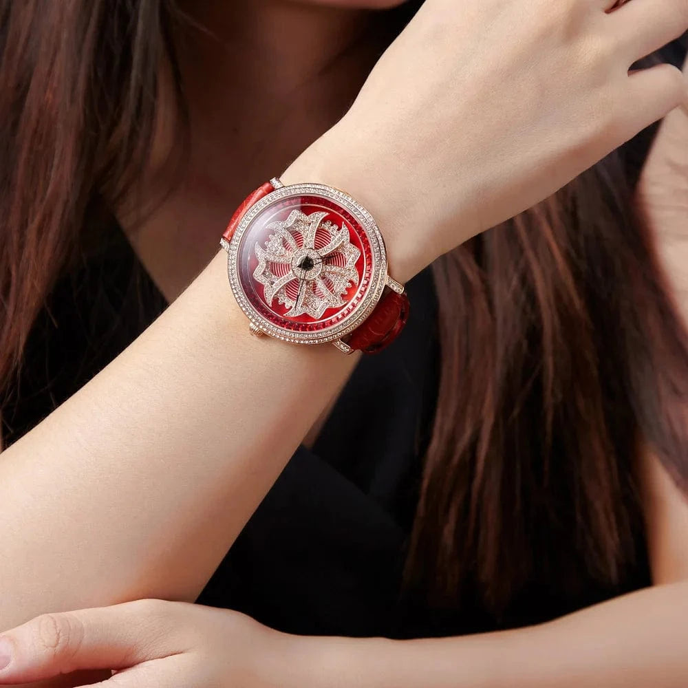 Luxury Davena Spin Snow Flower Women's Watch Japan Mov't Crystal Lady Hours Fine Fashion Real Leather Bracelet Girl's Gift Box