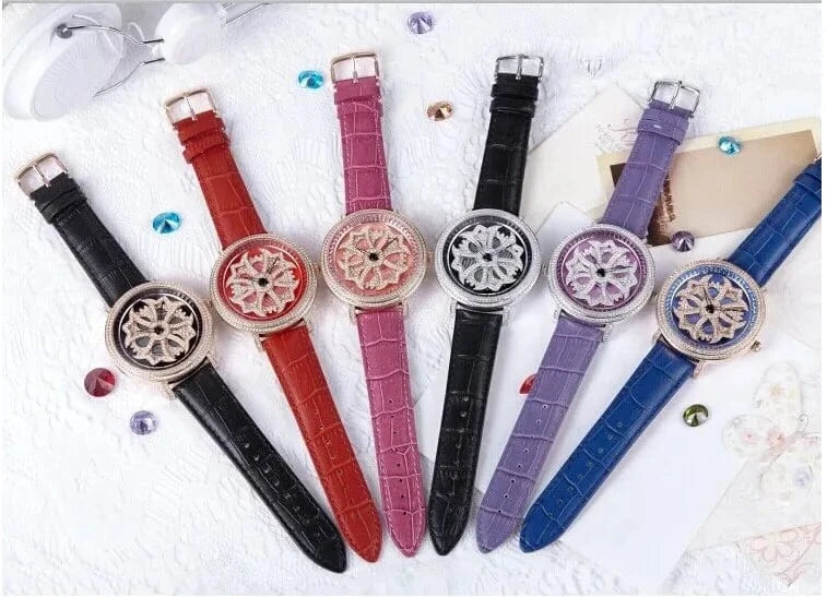 Luxury Davena Spin Snow Flower Women's Watch Japan Mov't Crystal Lady Hours Fine Fashion Real Leather Bracelet Girl's Gift Box