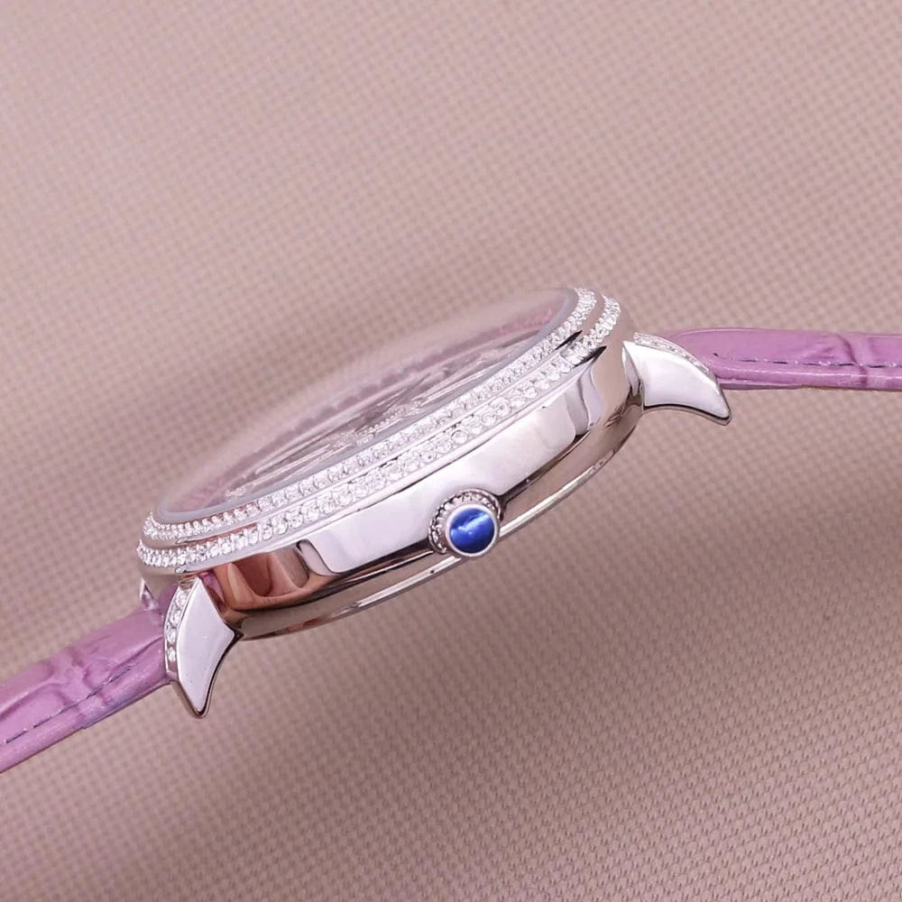 Luxury Davena Spin Snow Flower Women's Watch Japan Mov't Crystal Lady Hours Fine Fashion Real Leather Bracelet Girl's Gift Box