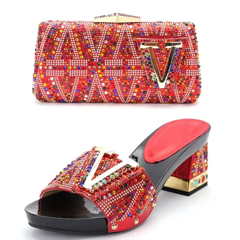 Luxury Diamond Thick Chunky Ladies Square Heels Dinner Party Wedding Crossbody Shoes And Clutch Bag Set For Women Heeled Sandals