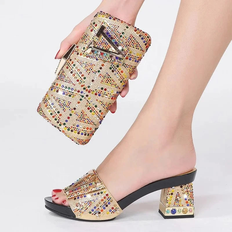 Luxury Diamond Thick Chunky Ladies Square Heels Dinner Party Wedding Crossbody Shoes And Clutch Bag Set For Women Heeled Sandals