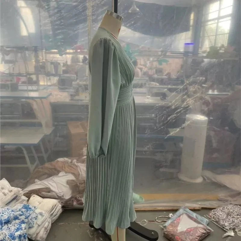 Luxury Dinner Evening Long Dress 2025 Spring Women Club Party Dress Pleated Elegant Dress Female Solid V Neck Clothing